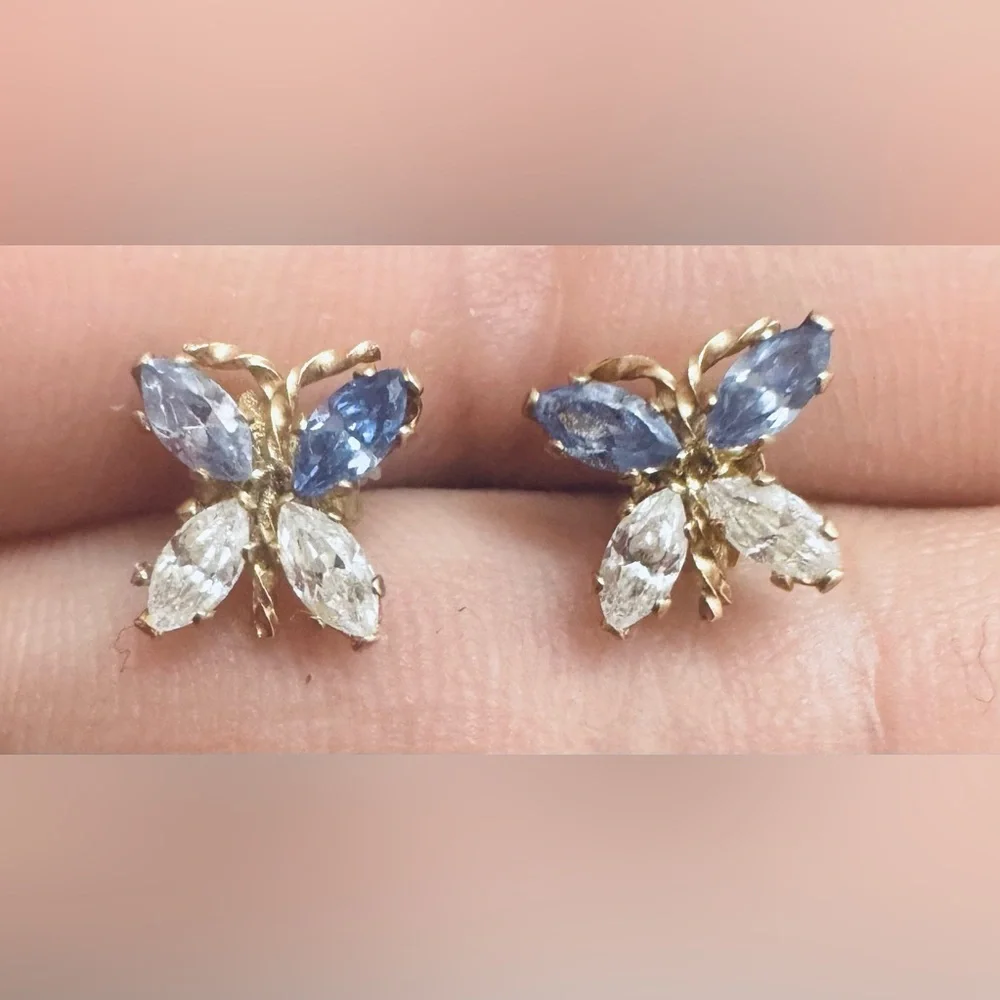 14K Solid Gold Butterfly Stud Earrings with Blue & Clear CZ Stones - Picture 1 of 4